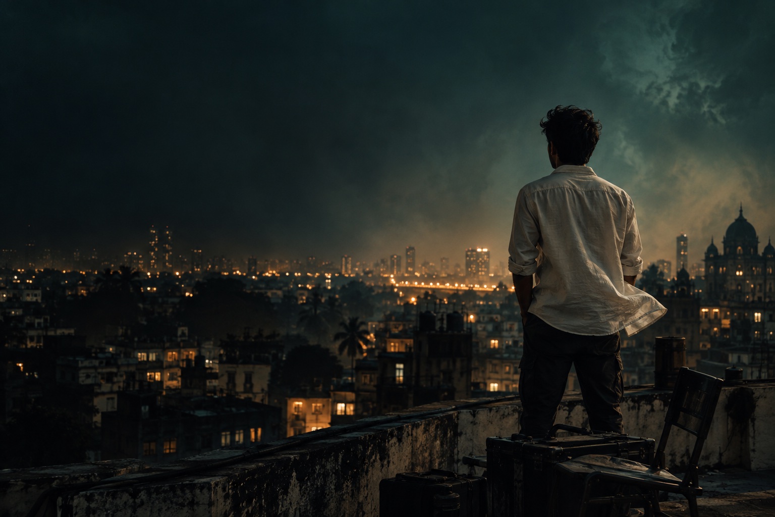 Cinematic concept frame with a teal sky and warm city lights