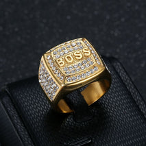 Titanium Steel Vacuum Plating Rhinestone Square BOSS Letter Men's Ring