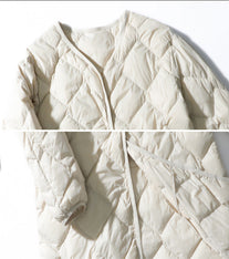 Women's Fashionable Elegant Rhombus V-neck White Duck Down Casual Jacket