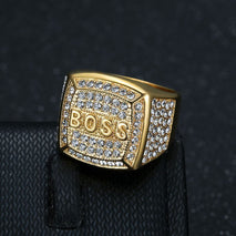 Titanium Steel Vacuum Plating Rhinestone Square BOSS Letter Men's Ring