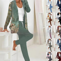 Printed Cardigan Coat Solid Color Two-piece Pants